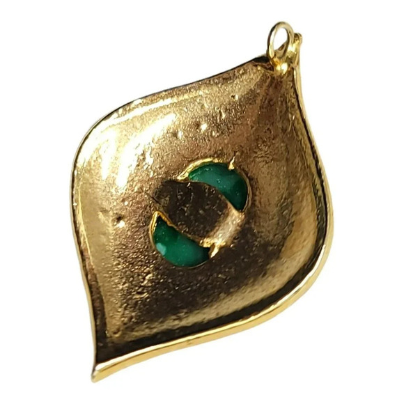 Green Spotted Acrylic Cabochon Clear Rhinestone Gold Tone Teardrop Pendant - Picture 3 of 4